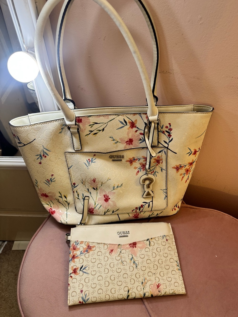 GUESS Cream Floral Tote with Matching Pouch